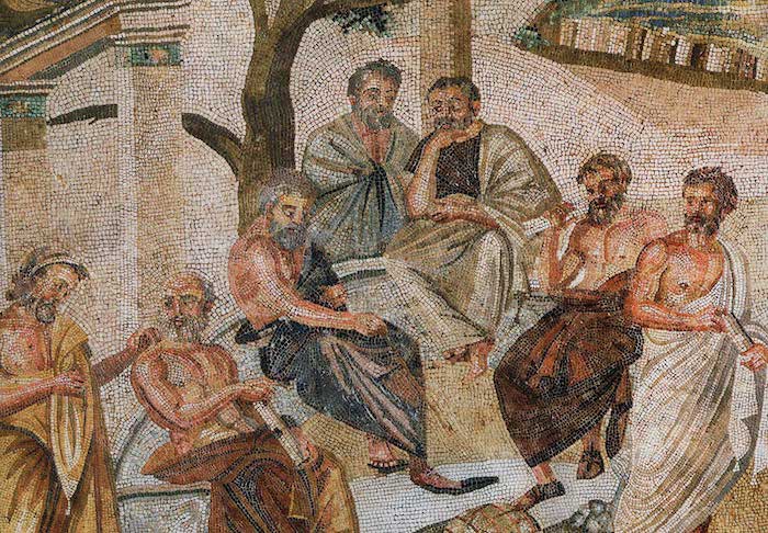 Plato surrounded by students in his Academy in Athens. Mosaic (detail) from the Villa of T. Siminius Stephanus, Pompeii, 1st century B.C. Roman National Archaeological Museum, Naples, Inv. No. 124545