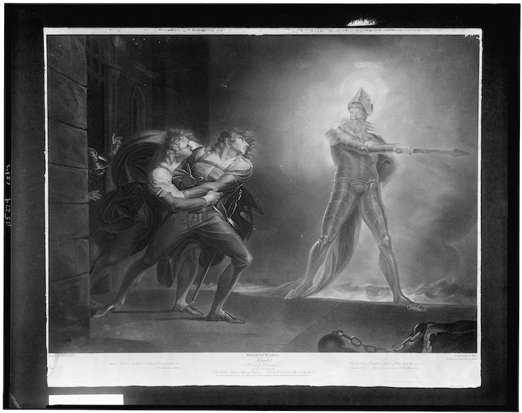 Plate XLIV from Volume II of Boydell's Shakespeare Prints; the illustration in Boydell is based on the original painting of 1789. The text accompanying the engraving: "Hamlet. Act I. Scene IV. A platform before the Castle of Elsineur. Hamlet, Horatio, Marcellus, and the Ghost. Painted by H. Fuseli, R. A. Engraved by R. Thew." 
